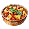 Pâte Rigatoni, Sauce tomate, Tomates cerises confites, Straciatella, Ail, Basilic